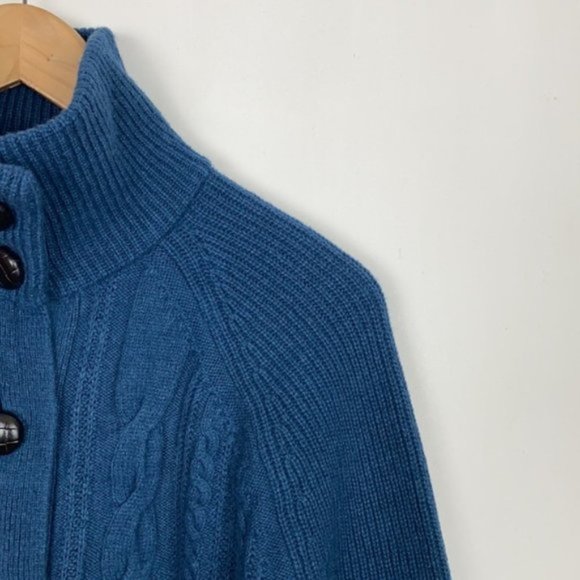 J.Crew S Teal Cardigan Cable Knit Faux Leather Buttons Lambs Wool - Picture 6 of 16